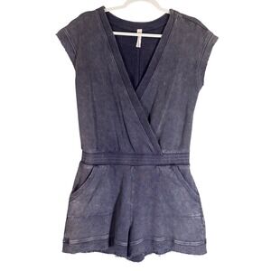 Daily Practice by Anthropologie XS Blue Acid‎ Wash Frayed Surplice Romper V Neck